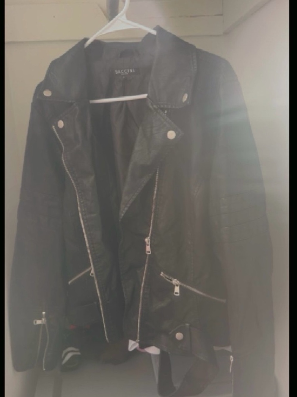 Baccini Black Faux Leather Moto Jacket with Quilted Sleeves